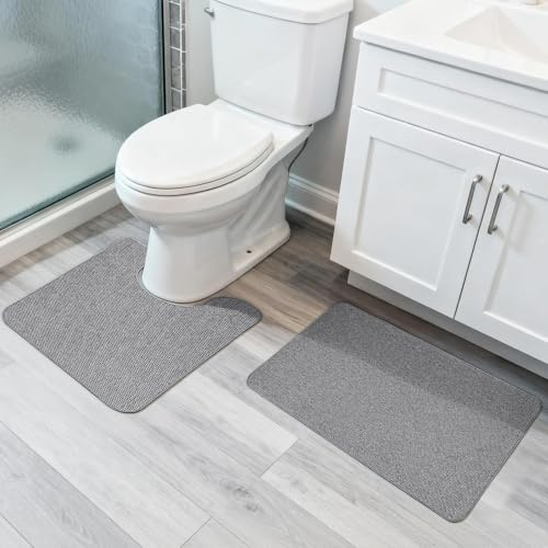 Bosap Bathroom Rugs Set 2 Pieces,Thin Bathroom Mats,Toilet Rugs,Quick Dry,Non-Slip,Machine Washable,Low Pile,Absorbent Bath Mats,Shower,Sink,Home Decor Accessories.Grey,1'5x2'3+1'8x2 U Shape