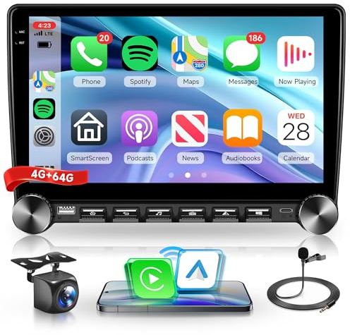 4G+64G Wireless Carplay Android Autoradio 2 Din con Tasti, 10 Pollici Touchscreen Autoradio con Wireless Android Auto Mirror Link Bluetooth FM/RDS/32EQ/USB Controllo del Volante Telecamera Posteriore