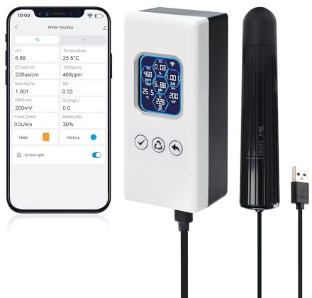 Smarter Wasserqualitätstest Wireless WiFi Multi-Parameter Wasserqualitätsmesser für pH/ORP/TDS/EC/Salinität/SG/Temp Überwachung Echtzeit-Warnungen mit App-Verbindung für Aquarium, Salzwasser Nano