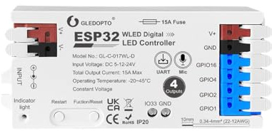 LIGHTEU, Contrôleur WiFi WLED GLEDOPTO (ESP32 4 canaux avec microphone) DC 5-24 V 15A Barre lumineuse adressable pour WS2811 WS2812 SK6812 TM1814 WS2813, GL-C-017WL-D