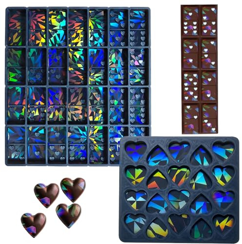 2 Pièces Holographiques Moule Chocolat, Moules à Chocolat Holographiques avec Motif de Cœur D'amour, Moules Épais et Faciles à Démouler pour des Fondants de Cire de Cuisson DIY Réutilisables