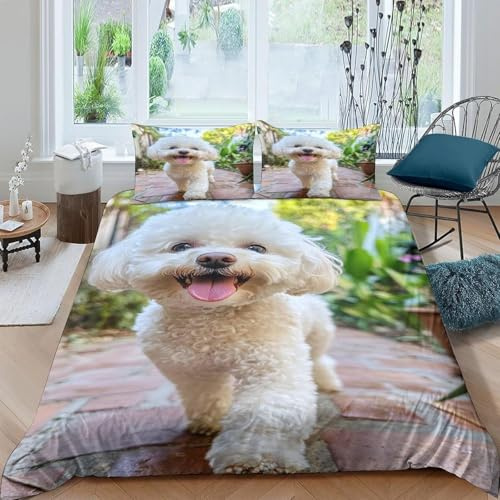 Bettwäsche 135x200 Kinder Malteser Weich Mikrofaser Niedliche Haustiere Bettwäsche-Sets 3D Bettbezug 3 Teilig Bettbezüge mit Reißverschluss und 2 Kissenbezüge D-677