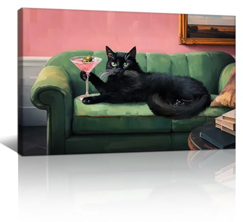 Lustig Schwarz Katze Martini Leinwand Bilder Mit Rahmen, Eklektisch Cocktail Bild Auf Leinwand Humorvoll Ute Tier Wandbilder Poster Zuhause Wanddeko für Badezimmer Büro Wohnzimmer Schlafzimmer 40x60cm