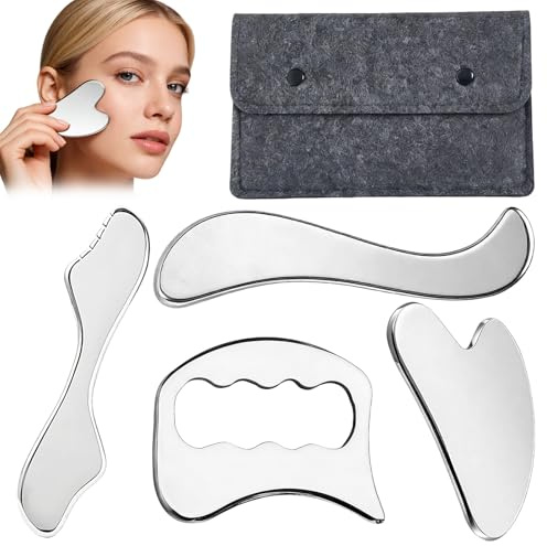 Gua Sha Edelstahl, 4 in 1 Gua Sha Schaber mit Filz-Aufbewahrungstasche, Faszienmesser, Gua Sha Schaber für Gesicht & Körperr, Ergonomisches Guasha Werkzeug für Kreislaufförderung & Faszienentspannung