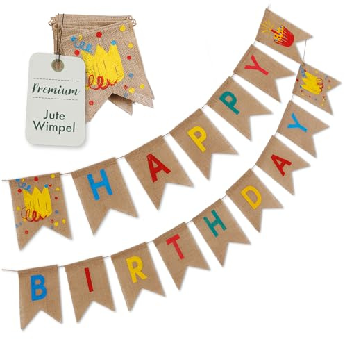 Happy Birthday Girlande Stoff – Jute Leinen Banner Wimpelkette beige – Girlande Geburtstag für Kinder und Erwachsene - 4m Geburtstagsgirlande Stoff – Geburtstagsdeko von Inovida