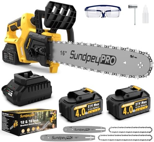SundpeyPRO 21V Brushless 12+16 Pollici Motosega Elettrica a Batteria | 2x4,0Ah Batterie, Caricabatterie, 5 Sicurezza Funzioni, Sistema Lubrificazione Automatica, per Potatura e Taglio Alberi Legno