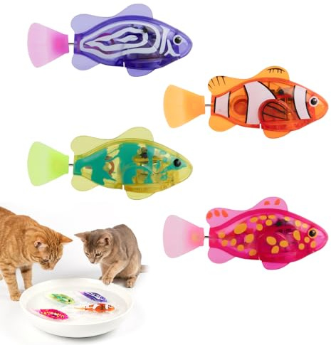 BEE&FLOWER Robot Fish Toy for Cats 4 Pcs, Electric Pet Fish Toy with LED Light, Water Activated Electronic Fish Pets for Water Bowl, Interactive Cat Water Toy