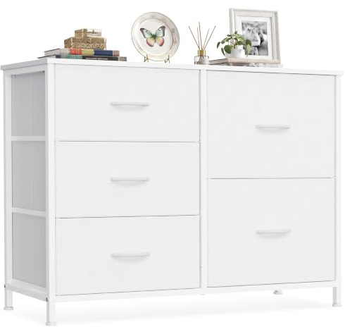 SONGMICS Kommode mit 5 Schubladen, 98,7 x 30 x 74,7 cm | Aufbewahrungsschrank mit Stoffschubladen, Metallrahmen und Holzplatte, Wolkenweiß, BELLAH Kollektion LGS235W101