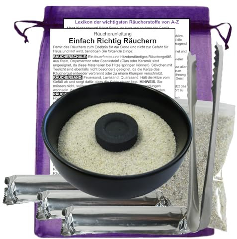 Räucherset [8-TLG Starter-Set] 30x räuchern + Räucherschale+ Räucherkohle + RÄUCHERZANGE + Räuchersand + RÄUCHERANLEITUNG mit Lexikon der Räucherstoffe A-Z + Täschchen 81590-S