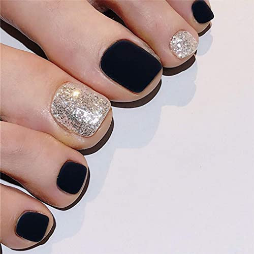 Fairvir Matte Fake Toenails Black Bling Gold Sequins False Toenail Full Cover Foot Fake Nail Acrylic Clip Press on Toe Nails for Women and Girls(24Pcs)