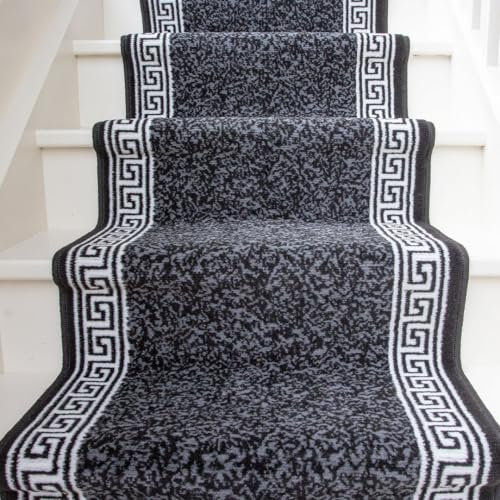 Dark Grey Stair Carpet Durable Graphite Cream Aztec Tribal Border Stair Runner Rug Custom Length Width - Sold and Priced Per Foot 2' 3 x 20'