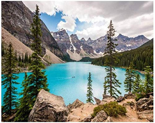 Moränensee im Banff Nationalpark Kanadische Rockies Alberta Kanada Malen nach Zahlen Kits für Erwachsene Kinder DIY Wandkunst Bild Gerahmte Leinwand Ölgemälde Set Digital Paintworks für Begi