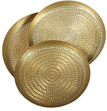 Casa Moro Orientalisches Teetablett Zana Gold 3er Set rund aus Aluminium gehämmert | Boho Chic Gold-Tablett Serviertablett mit Hammerschlag | TSV2003