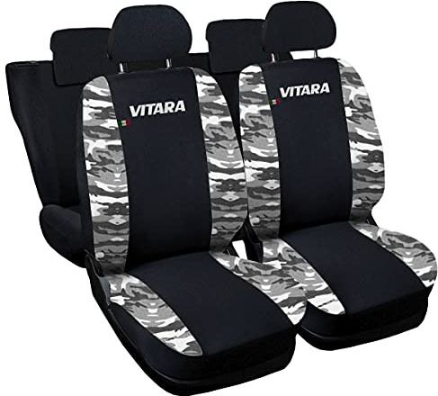 Lupex Shop Autositzbezüge kompatibel mit Vitara, Made in Italy, Polyestergewebe, kompletter Satz Vorder- und Rücksitze (Schwarz - Camouflage Grau)