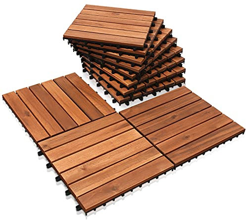 Lospitch Holzfliesen aus Akazien Holz, 6 Latten Fliese 4m², 30x30cm Bodenfliesen geeignet als Terrassenfliesen und Balkonfliesen(44 Stück)