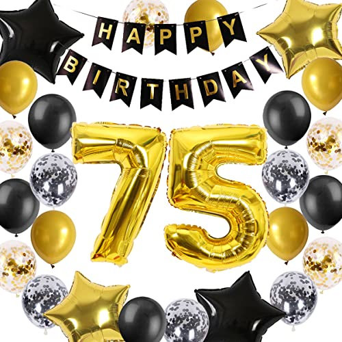 Fechy Dekorationen zum 75. Geburtstag, Schwarzgold, für Männer und Frauen, Happy Birthday-Banner, Zahl 75, Geburtstagsballons, Sternfolien-Konfetti-Ballons für Ihn, Ihre Mutter, Väter, 75 Jahre alter