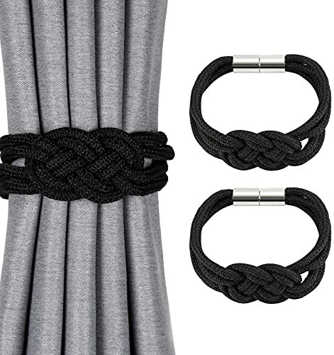 Pretty Jolly 2 Stück Starke Magnetische Raffhalter für Vorhänge, Dekorative Vorhang-Raffhalter, Handgewebtes Seil, Knoten-Vorhanghalter für Zuhause und Büro, Fenstervorhänge (Schwarz)