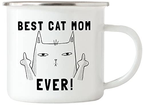 Hey!Print Best Cat Mom Ever Emaille Tasse Lustig Katze Spruch Cat Katzenliebhaber Katzenbesitzerin Ironie Unhöfliche Katze