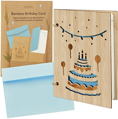LIVAIA Besondere Geburtstagskarte Holz: Bambus Karte Geburtstag mit Einlegepapier und Kuvert – Hölzerne Geburtstagskarte Frau, Mann – Geburtstagskarte für Frauen und Männer Birthday Card