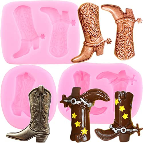 Mujiang 3D Boot Silicone Molds Cowboy Boot Fondant Mold For Cake Decorating Candy Clay Chocolate Set Of 3