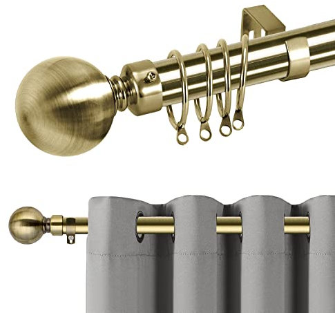 Hafaa Curtain Poles Plain Metal Ball Adjustable Decorative Window Curtain Pole Includes 70 to 120 cm Extendable Curtain Rod, 60mm Size Classic Finials, Rings, Brackets & Fittings Set, Antique Brass