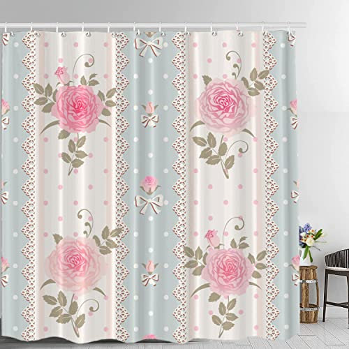 Batmerry Gestreifter Blumen-Duschvorhang, Shabby Chic, rosa Rosenmuster auf blauen Streifen, wasserdichter Stoff-Duschvorhänge für Badezimmer mit 182,9 x 182,9 cm.