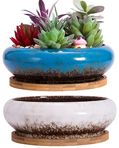 ARTKETTY Sukkulentententöpfe – Große Sukkulenten-Pflanzgefäße mit Drainage, 18 cm Keramik-Bonsai-Töpfe mit Bambus-Tablett, 2er-Set, Flache Kaktusblumen-Übertopf, perfekt für drinnen und draußen