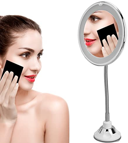 Magnifying Mirror, Flexible Gooseneck LED Lighted 10X Magnifying Makeup Mirror with Power Locking Suction Cup, 10X Magnification LED Fill Light Suction Cup Adjustable Gooseneck Makeup Mirror
