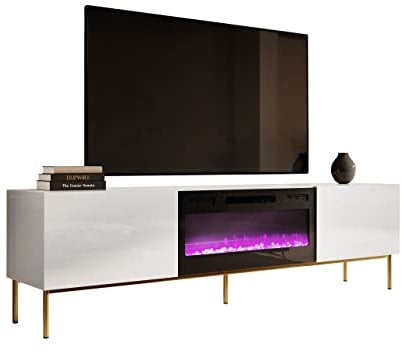 Mirjan24 TV Schrank mit Elektrischem Kamin Slide 200 Fernsehschrank TV Lowboard Griffloses Öffnen Elektrischer Kamin, Heizung Realistische LED-Flamme (weiß/weiß Hochglan Füße: Gold)