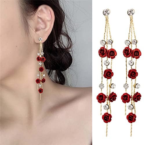 Inateannal Boho Flower Dangle Earrings Red Rose Tassel Chain Earrings Long Cubic Zirconia Drop Stud Earring Wedding Cz Flower Earring Jewelry for Women and Girls