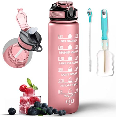 K-MART Water Bottle 1000ml Sports Water Bottle with Motivational Time Marker & Straw, Dishwasher Safe Leak-proof Drink Bottle BPA Free Non-Toxic Tritan Material 1 Click Open for Running Gym (Pink)