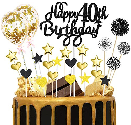 Happy 40th Birthday Cake Toppers Black Gold Glitter Happy Birthday Cake Topper 40th with Star Heart Paper Fan Balloon 25pcs Birthday Cupcake Topper for Men Him Forty Anniversary Birthday Party Decor
