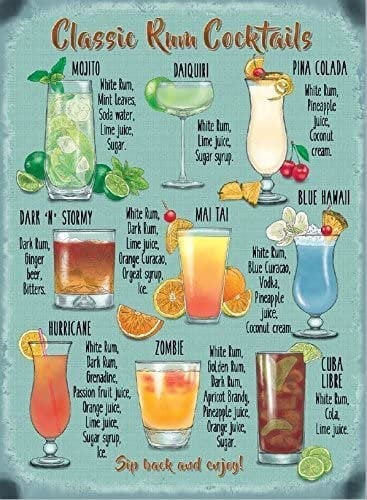 Classic Rum Cocktails - Retro Vintage Metal Sign, Plaque, Decorative Wall Art, 2 Sizes (A5, 15 x 20cm)