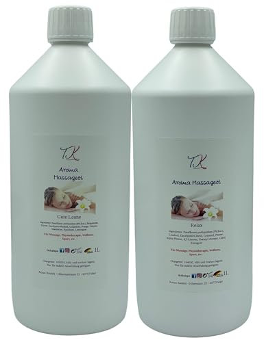 2x1L Aroma Massageöl Set Gute Laune & Relax - für Massage, Physiotherapie, Wellness, Sport etc. in Pharma Qualität (2000ml, Gute Laune & Relax)