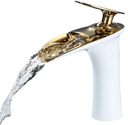 Leekayer Waterfall Bathroom Faucet 1 Hole Mount Hot Cold Basin Mixer Tap Single Lever Brass Faucet White Gold Finish,LK61106WG