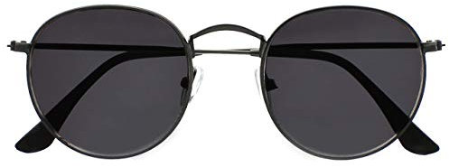 OPULIZE Sol Sonnenbrille Dünner Rand Runde Retro-Metallfassungen Kratzfest Getönte Linse UV400-Schutz Metallgrau Schwarze Spitzen Herren Damen S94-7 +0.00