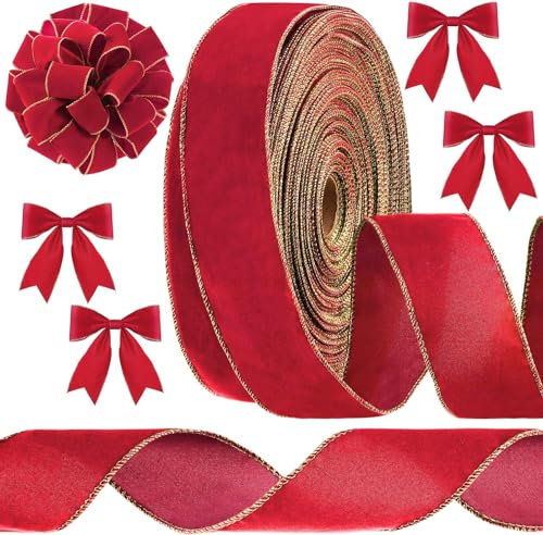 LATERN 28M Christmas Velvet Ribbon, 6.3cm Width Wired Waterproof With Gold Edge for Xmas Gift Wrapping, Tree DIY Wreath, Bow Decoration (Red)