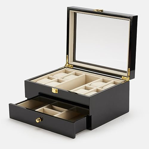 Loboo Idea Aufbewahrungsbox für Uhren, Brillen, Schmuckkästchen, Organizer mit Schublade zur Aufbewahrung und Präsentation, 2-lagiges massives Holz, Schmuckkästchen, Organizer für Brillen und Uhren