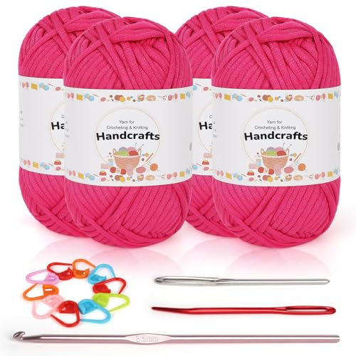 Coopay 4 Stück Einfach Garn Zum Häkeln für Anfänger - Gut Sichtbare Maschen Mit Häkelzubehör, Baumwoll-Nylon-Garn Zum Stricken (4 X 50 g), Rosarot
