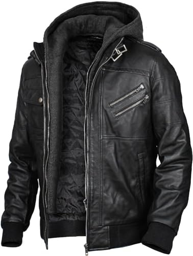Storemm Herren-Lederjacke, echte Motorradjacke, modische Herrenjacke mit abnehmbarer Kapuze, Lederjacke für Herren.