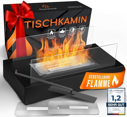 flammtal Cheminée de table au bioéthanol carrée pour jardin, terrasse, balcon, table, décoration de table, pour l'intérieur et l'extérieur, durée de combustion de 3 h, flamme réglable, cheminée au