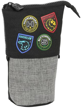 Safta Harry Potter House of Champions Federmäppchen für Kinder, ideal für Kinder im Schulalter, bequem und vielseitig, 8 x 6 x 19 cm, Grau meliert/Schwarz, Grau/Schwarz (Melange/), Estándar,