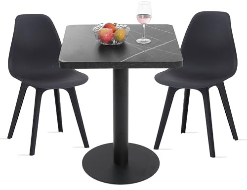 Mingone Esstisch mit 2 Stühlen Essgruppe Set Küchentisch Kleine Marmor Tisch und Stuhl Quadratischer Tisch 60cm für Esszimmer Küche Wohnzimmer，Schwarz