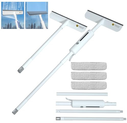 HUABULUO 3 in 1 High Window Squeegee Cleaner, 59'' Glass Window Cleaner with Spray Extension Rod and Rubber Lip (30 cm) for High Windows Cleaning Tools Indoor and Outdoor Bathroom Tiles (3 Wipe Pads)