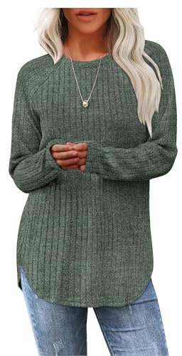 Aokosor Christmas Jumpers for Womens Long Sleeve Tops Ladies Lightweight Sweatshirt Curved Hem Tunic for Leggings Green Size 6-8
