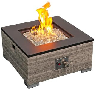 AFURNI Outdoor Rattan Fire Pit Table, Square Gas Fire Pit, 2 in 1 Fireplace Table Outdoor Fire Tables, 40000 BTU Rattan Smokeless Firepit Patio Heater with Lid for Patio Backyard