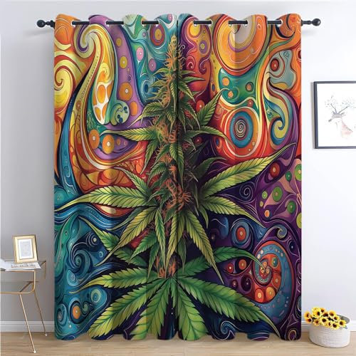 CozyRest Verdunkelungsvorhänge Mit Ösen, 215 x 110 cm Blickdichte Vorhänge, Wärmeisolierend Vorhang, Psychedelische Bunte Pflanze Marihuana Vorhänge Für Kinderzimmer Schlafzimmer Schiebevorhänge