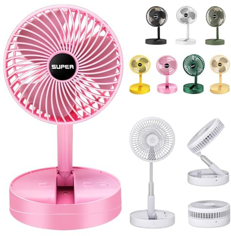Ventilador plegable telescópico - 2024 Nuevo ventilador de escritorio portátil recargable por USB plegable para viajes, ventilador de pie silencioso inalámbrico oscilante compacto para suelo para