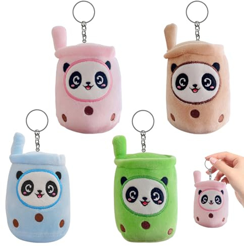 TZQFROCE 4 Stück Panda Boba Kuscheltier Bubble Tea Kuscheltier mit Schlüsselanhänger Plüschtiere Bubble Tea Plüschtier Bubble Tea Anhänger mit Schlüsselanhänger für Kinder Geburtstag Gastgeschenke