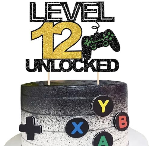 1 Stück Happy 12th Videospiel Tortendeko Glitzer Gaming Level 12th Geburtstag Kuchen Deko Spielkonsolen Happy 12th Cake Topper für Spielkonsole Theme Jungen Mädchen Geburtstag Party Kuchendeko